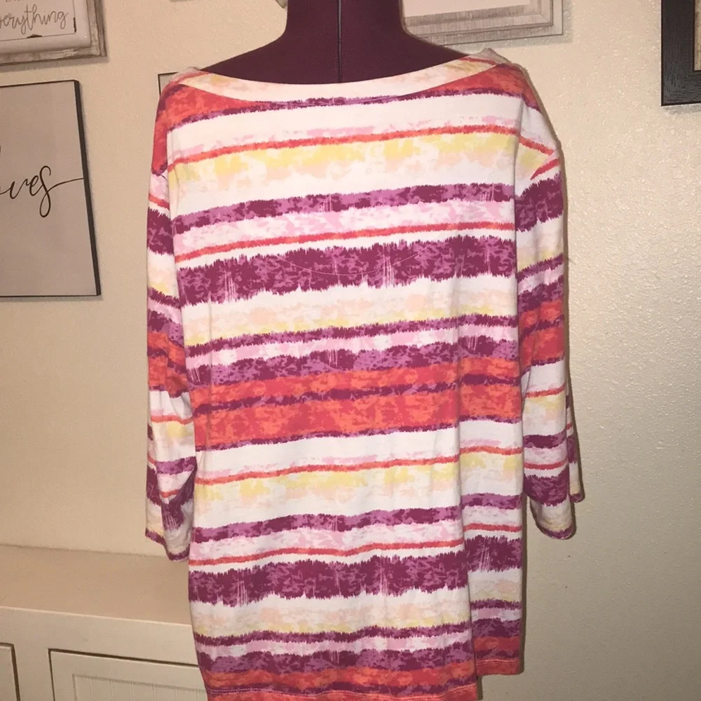 Erika 1X Women’s 3/4 Sleeve Scoop Tie Neck Pink Purple Red White Stripes